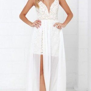 Ark & Co Lulus | White Ivory Sheer Lace Maxi Dress Size small